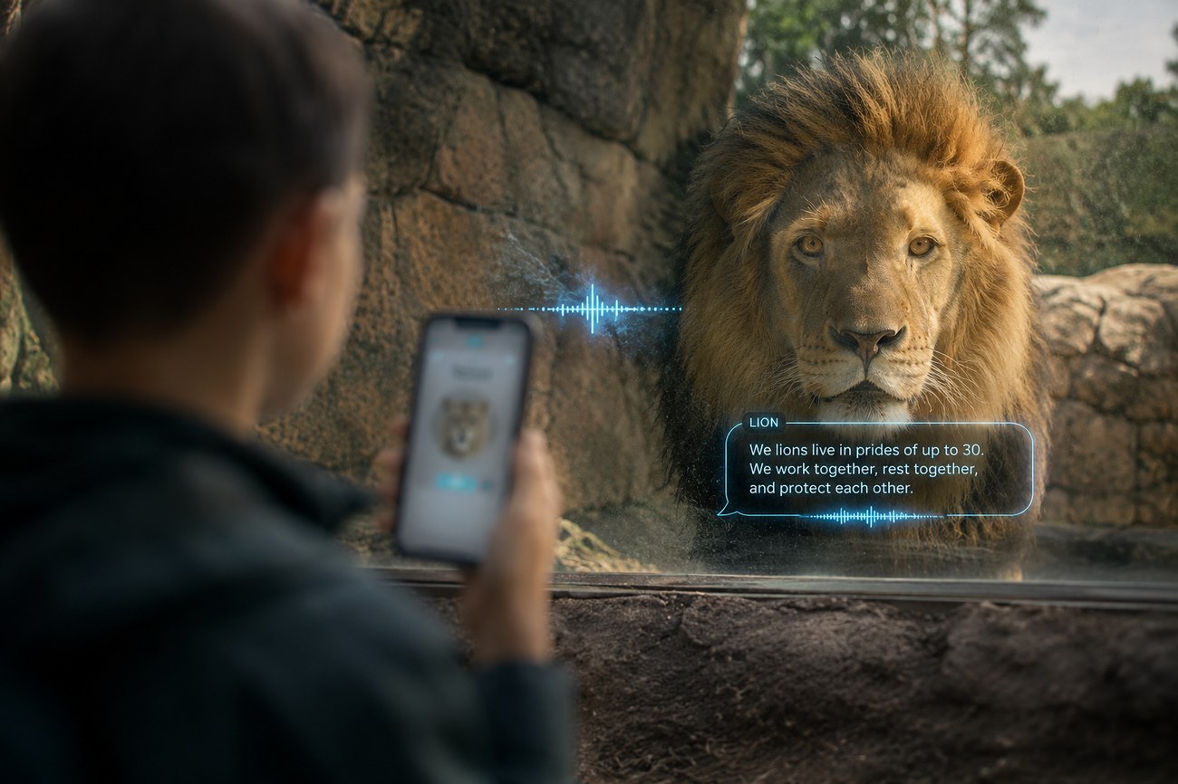 Visitor holding up a phone with a live voice waveform and chat bubble, lion behind the glass