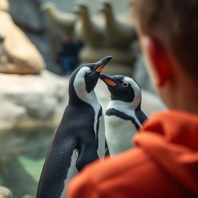 Visitor connecting with a penguin through the glass